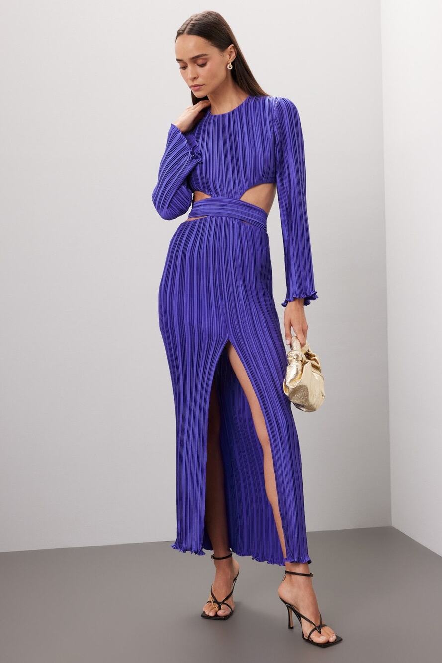 AIIFOS Phillipa Purple Satin Midsection Cutouts Pleated Front Slit Dress Gown 6